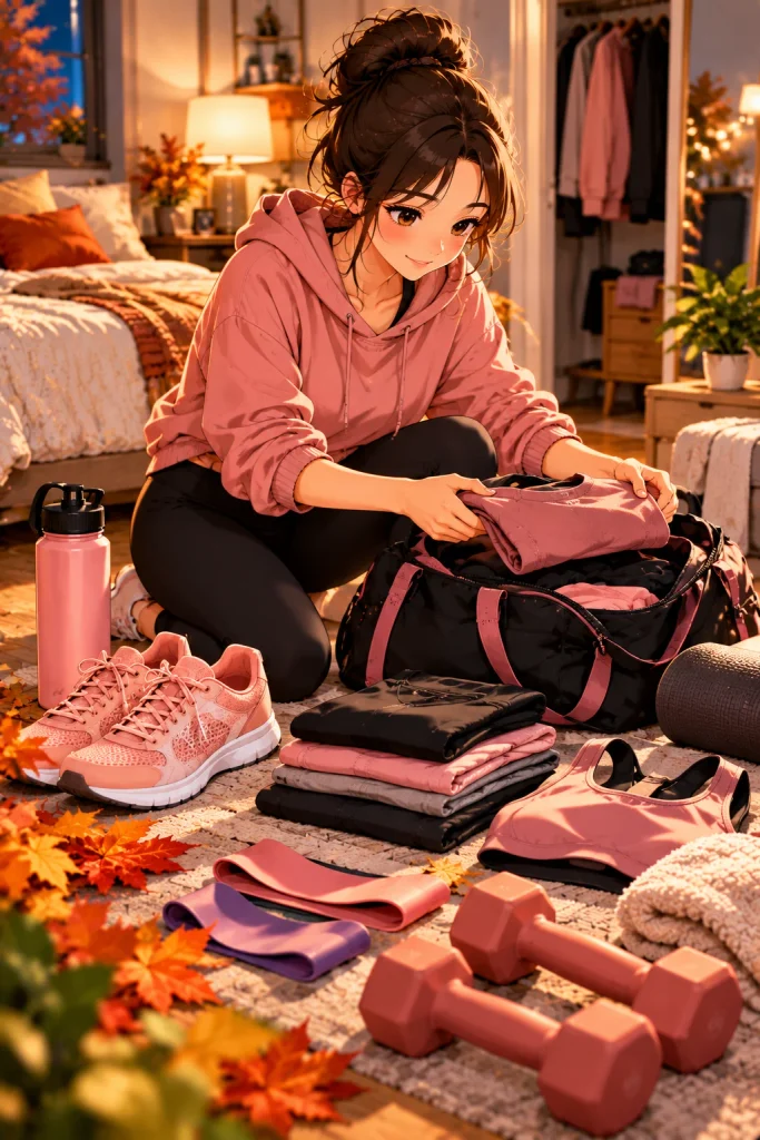 Workout clothes, shoes, and fitness gear prepared ahead of time for a fall workout.