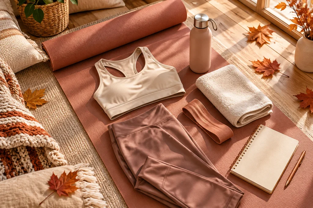 Fall Pilates checklist with mat, resistance band, water bottle, and workout essentials