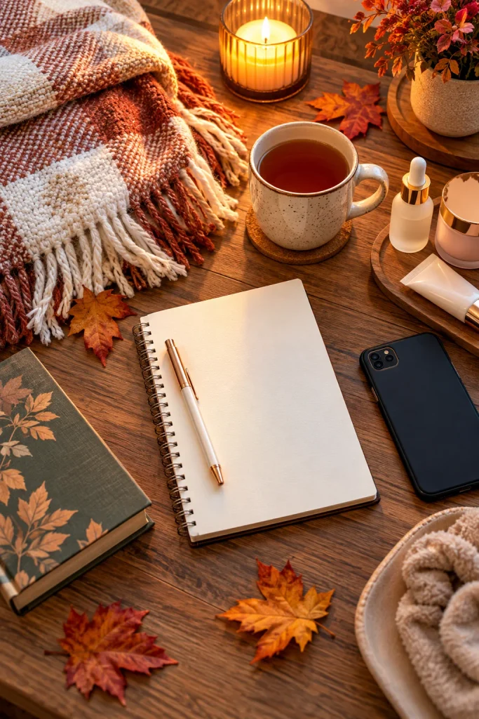 Fall evening routine checklist with a notebook, book, tea, and cozy wellness items