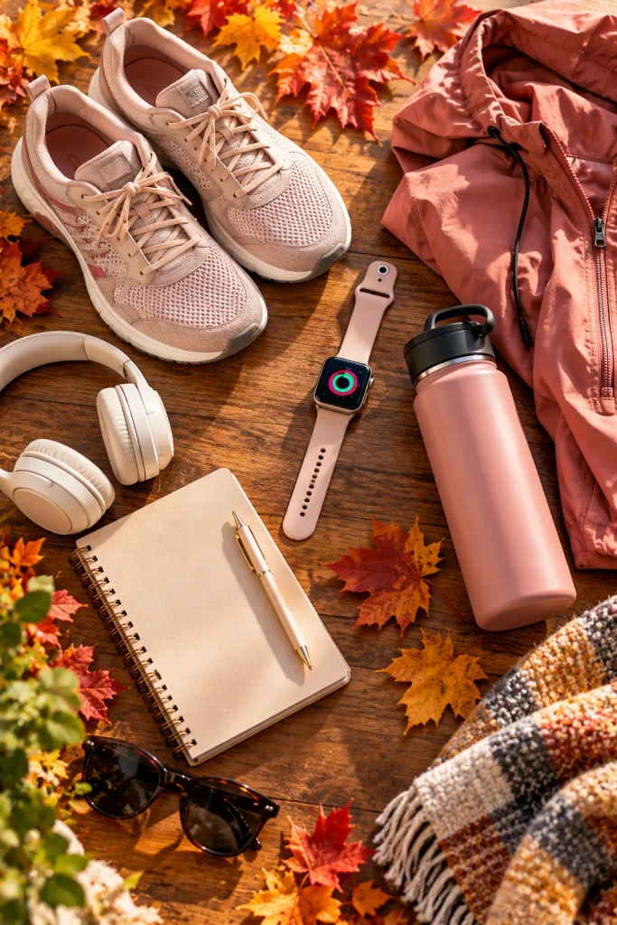 Fall walking checklist with walking shoes, water bottle, smartwatch and fitness essentials