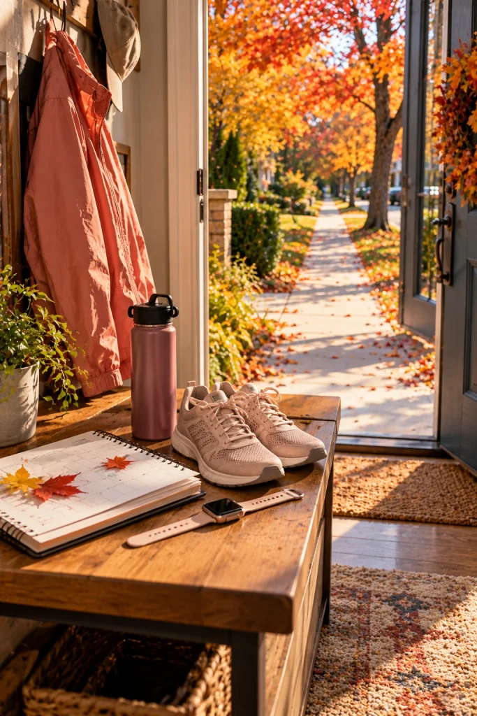 Walking shoes and fitness essentials prepared for a consistent fall walking routine