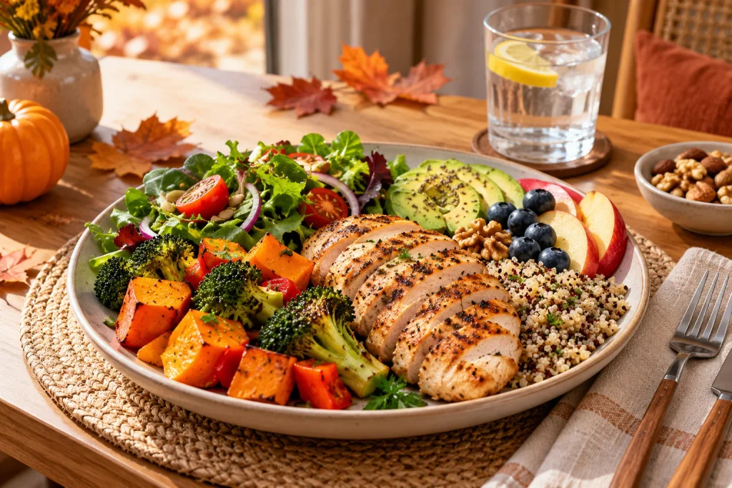 Balanced healthy fall meal with vegetables, protein, whole grains, fruit, and healthy fats.