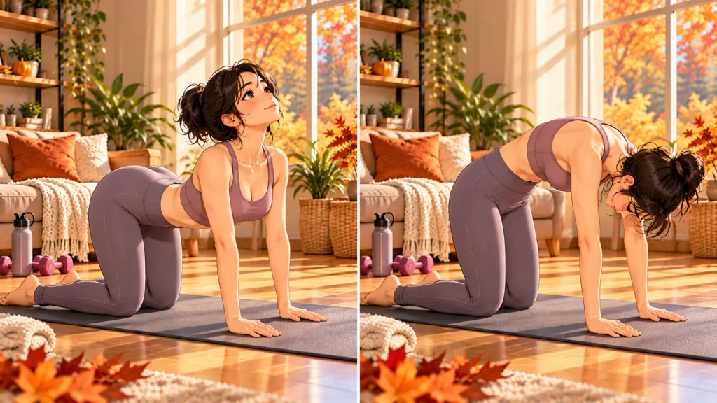 Adult performing a controlled cat-cow mobility exercise on a yoga mat