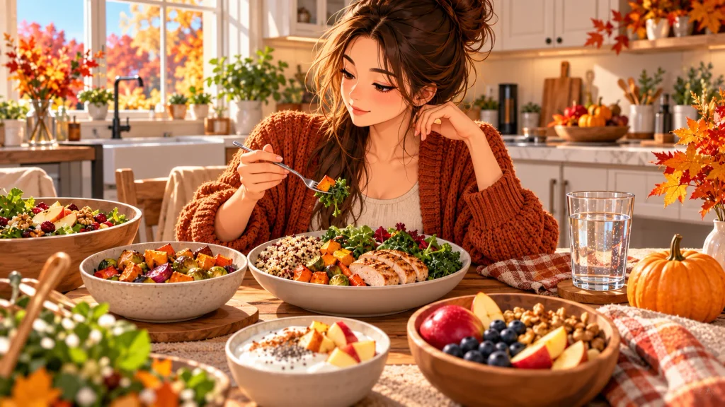 Balanced nourishing fall meal with vegetables, whole grains, protein, fruit, and yogurt.