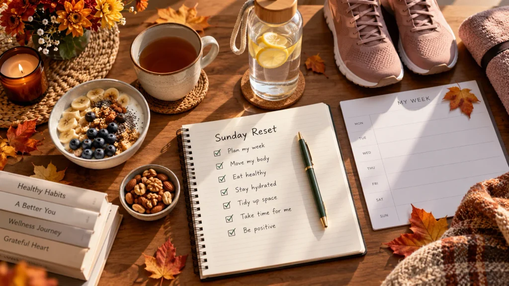 Sunday fall reset checklist with planner workout shoes and healthy snack