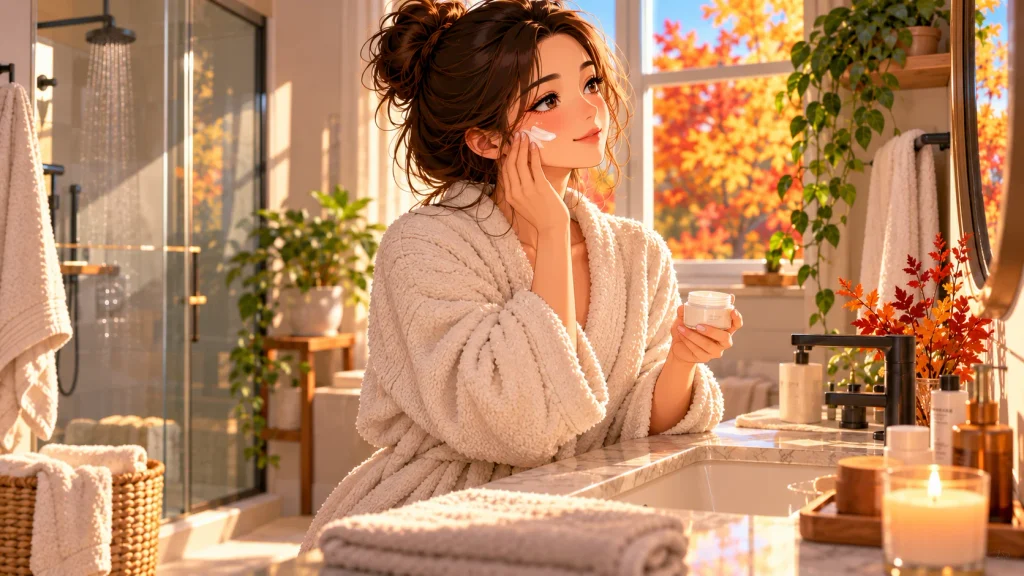 Adult following a simple at-home personal-care routine during fall.