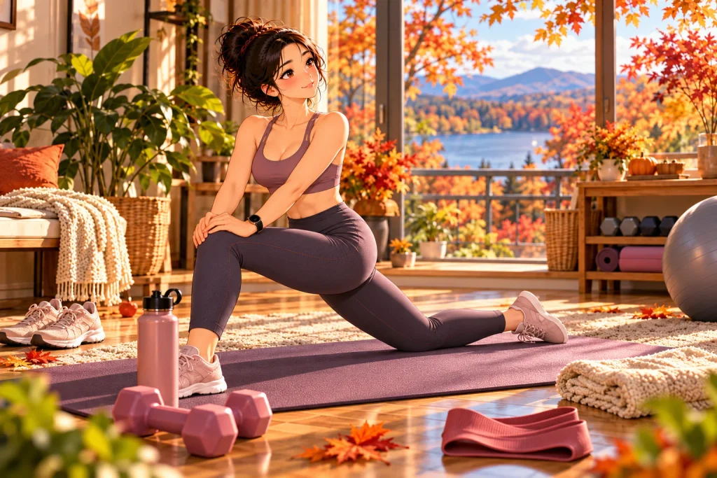 Adult adding mobility exercises to an active fall fitness routine