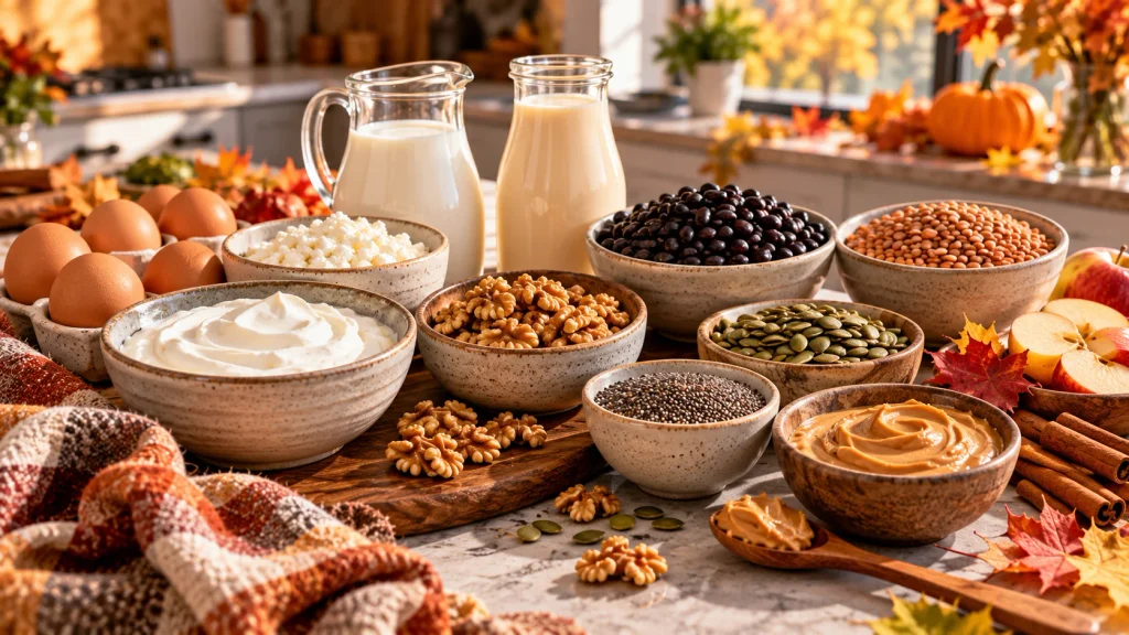 Protein-rich breakfast foods including eggs, Greek yogurt, cottage cheese, beans, nuts and seeds.