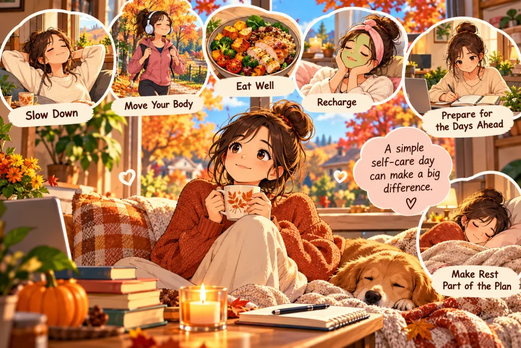 Anime-style illustration of a cozy fall self-care day at home with a woman relaxing, walking, eating a nourishing meal, journaling, preparing for the week, and resting.