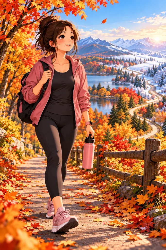 Person walking along an autumn path representing long-term fitness consistency.