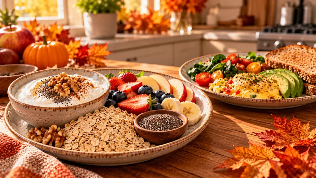 Balanced high-protein breakfast with Greek yogurt, whole grains, fruit, eggs, vegetables, avocado and seeds.