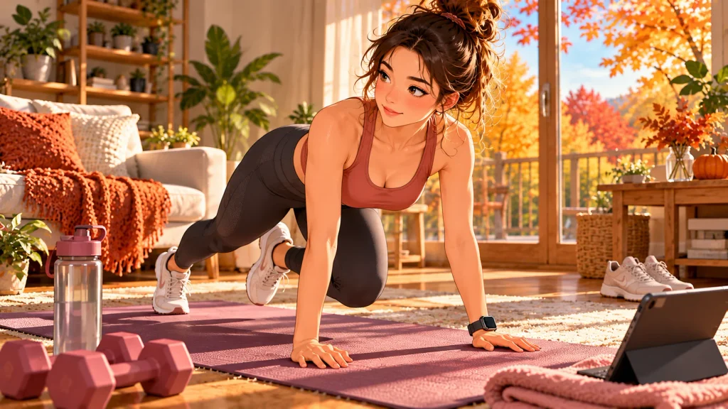 Person doing a short home workout to maintain a consistent fitness habit in fall.