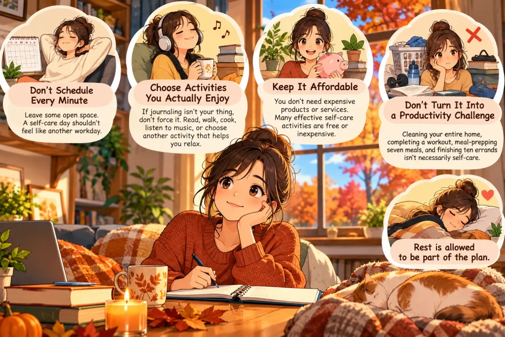Anime-style fall self-care scene showing a woman journaling in a cozy autumn home, with visual tips about leaving open time, enjoying relaxing activities, keeping self-care affordable, avoiding productivity pressure, and prioritizing rest.