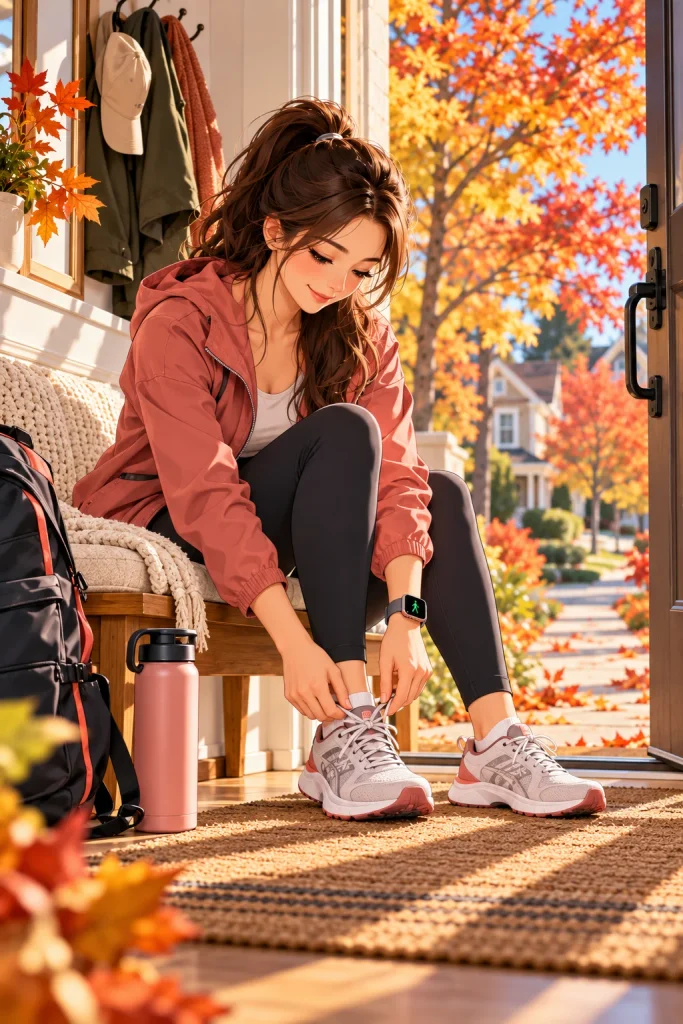 Beginner weekly fall walking plan with walking shoes and fitness gear