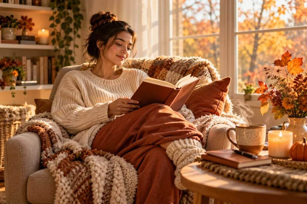 Adult relaxing with a book and journal during a peaceful fall self-care routine.