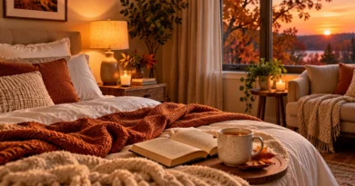 Cozy fall evening routine with a book, warm tea, soft lighting, and a calm bedroom setting