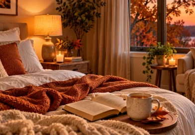Cozy fall evening routine with a book, warm tea, soft lighting, and a calm bedroom setting