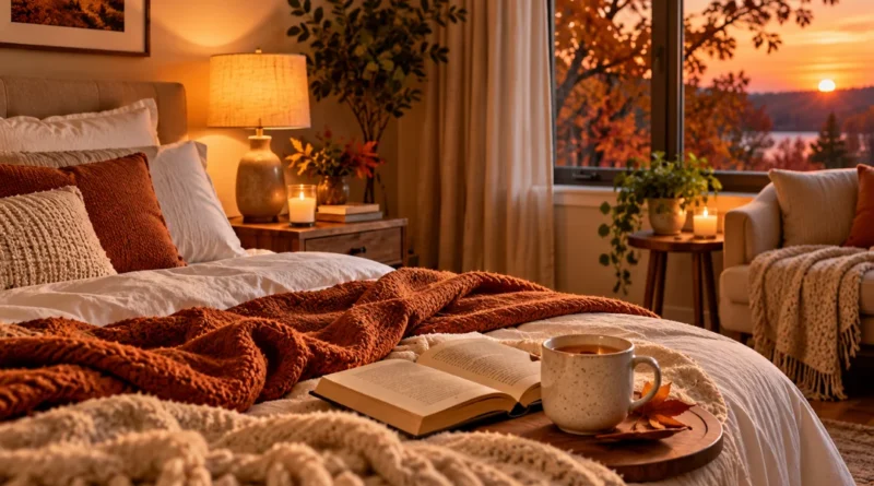 Cozy fall evening routine with a book, warm tea, soft lighting, and a calm bedroom setting