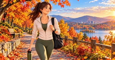 Person exercising outdoors in an autumn park for fall fitness motivation and consistency.