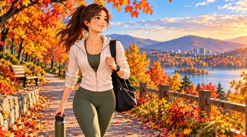 Person exercising outdoors in an autumn park for fall fitness motivation and consistency.