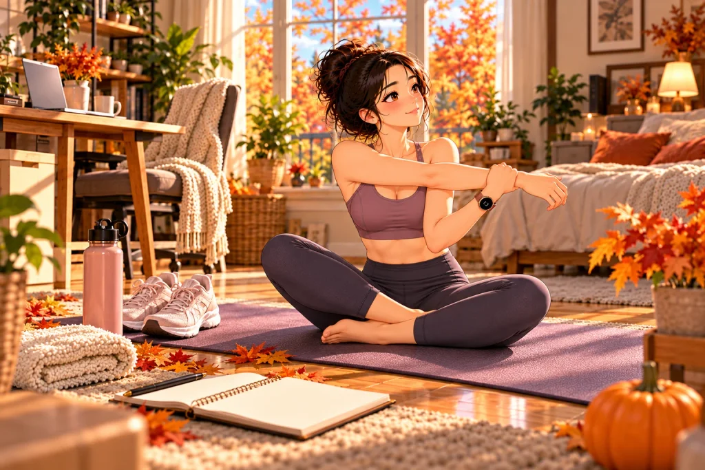 Adult building a consistent daily stretching habit at home during fall