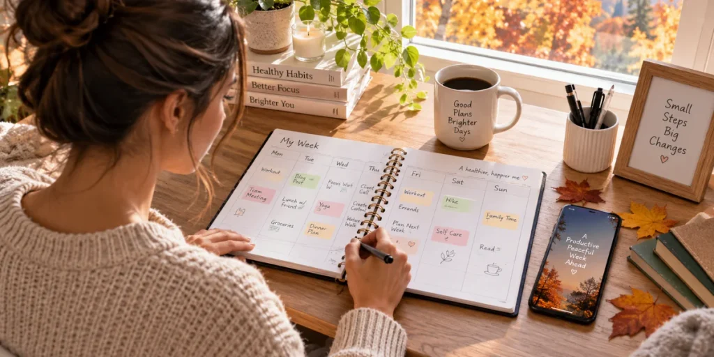 Person reviewing weekly calendar during a Sunday fall reset