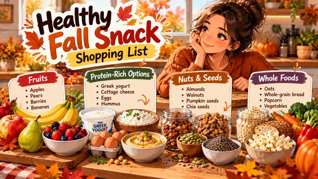 Healthy fall snack grocery shopping ingredients including fruit yogurt eggs nuts and vegetables
