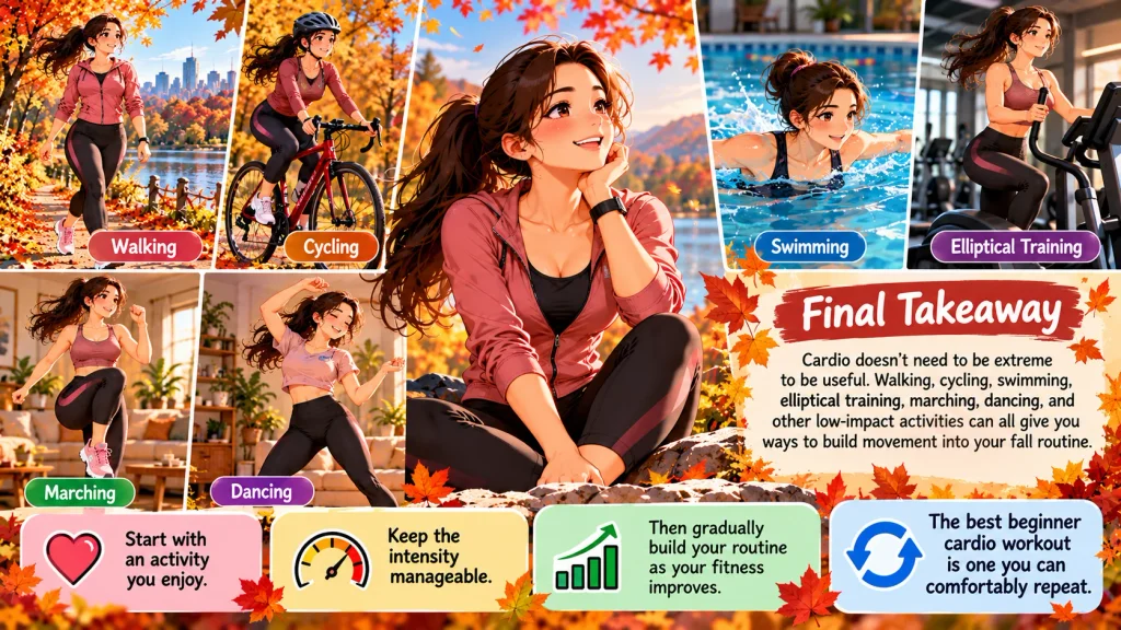 Anime-style beginner doing walking, cycling, swimming, elliptical, marching, and dancing workouts.