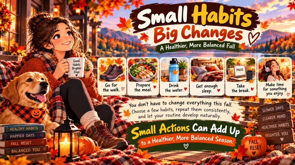 Small fall wellness habits for a healthier, balanced autumn, including walking, balanced meals, hydration, sleep, screen breaks, and enjoyable activities.