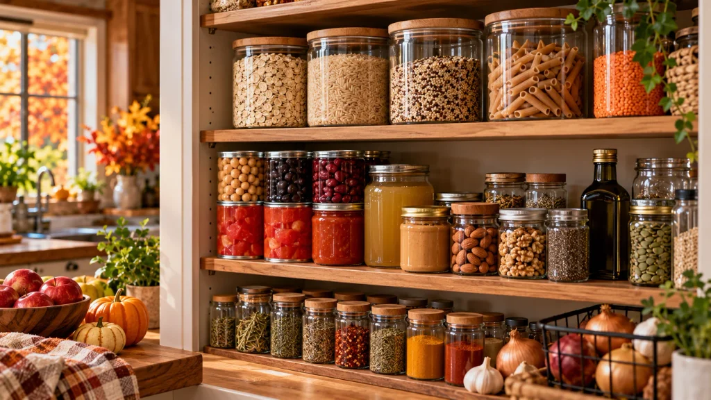 Healthy fall pantry staples including beans, lentils, oats, quinoa, brown rice, pasta, tomatoes, broth, herbs, and spices.