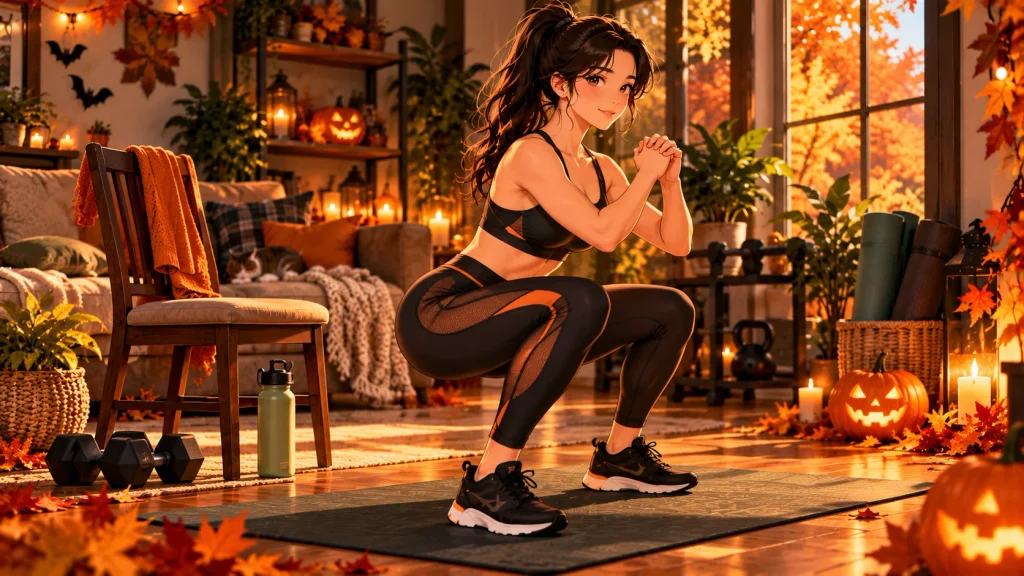 Anime-style woman preparing for a beginner full-body bodyweight workout in a cozy Halloween home gym.