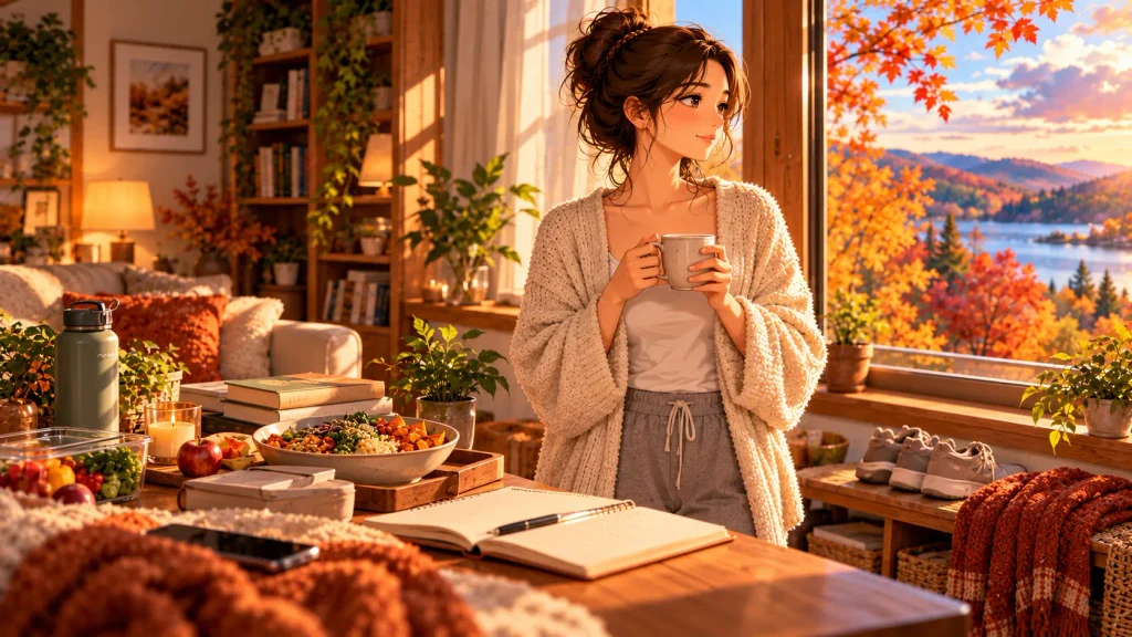 Simple fall weekend reset with tea, book, journal and autumn foliage