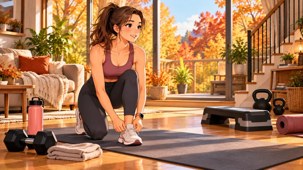 Beginner performing a simple fall lower-body workout at home