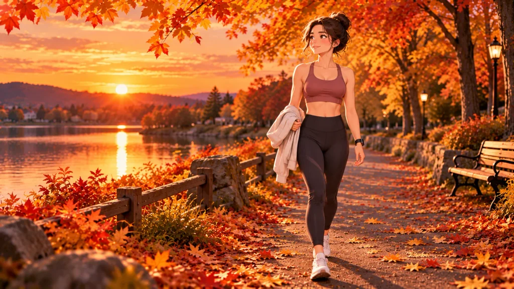 Person taking a peaceful fall evening walk as part of a sustainable recovery routine.