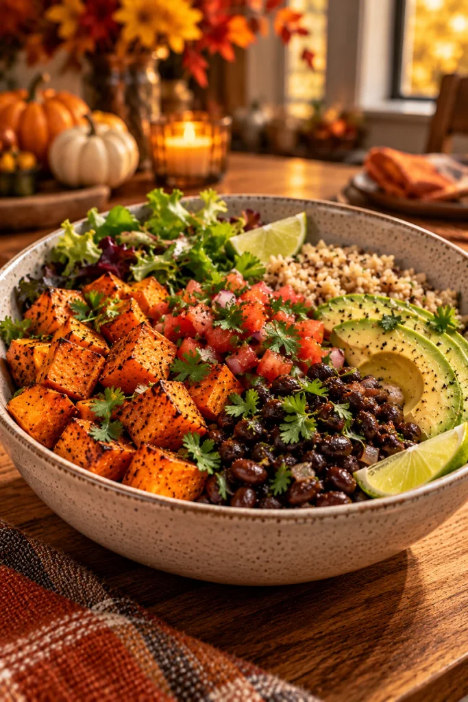 Healthy sweet potato and black bean bowl with greens, avocado, salsa and brown rice.