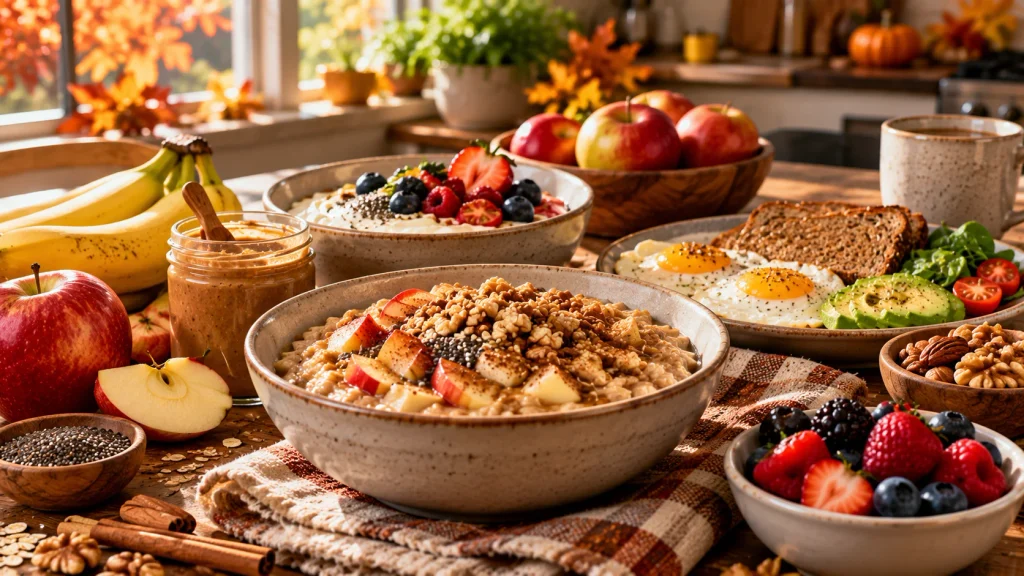 Healthy fall breakfast staples including oatmeal, Greek yogurt, eggs, whole-grain toast, fruit, and chia seeds.