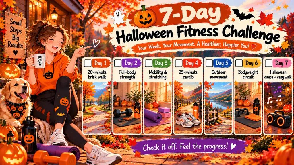 Anime-style flat lay of workout gear, planner, pumpkins and autumn leaves for a seven-day Halloween fitness checklist.