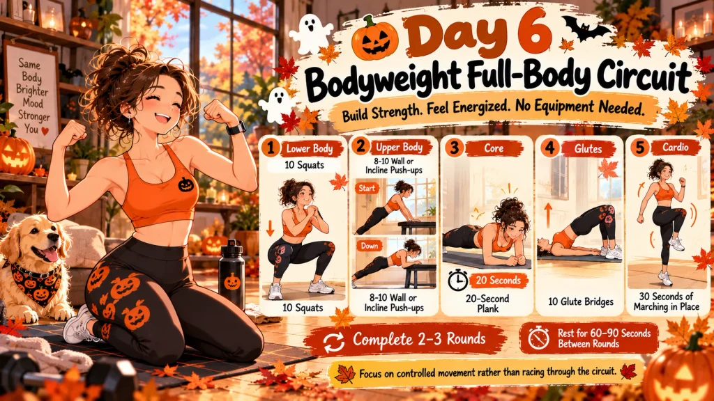 Anime-style full-body bodyweight circuit workout in a cozy American fall home gym.