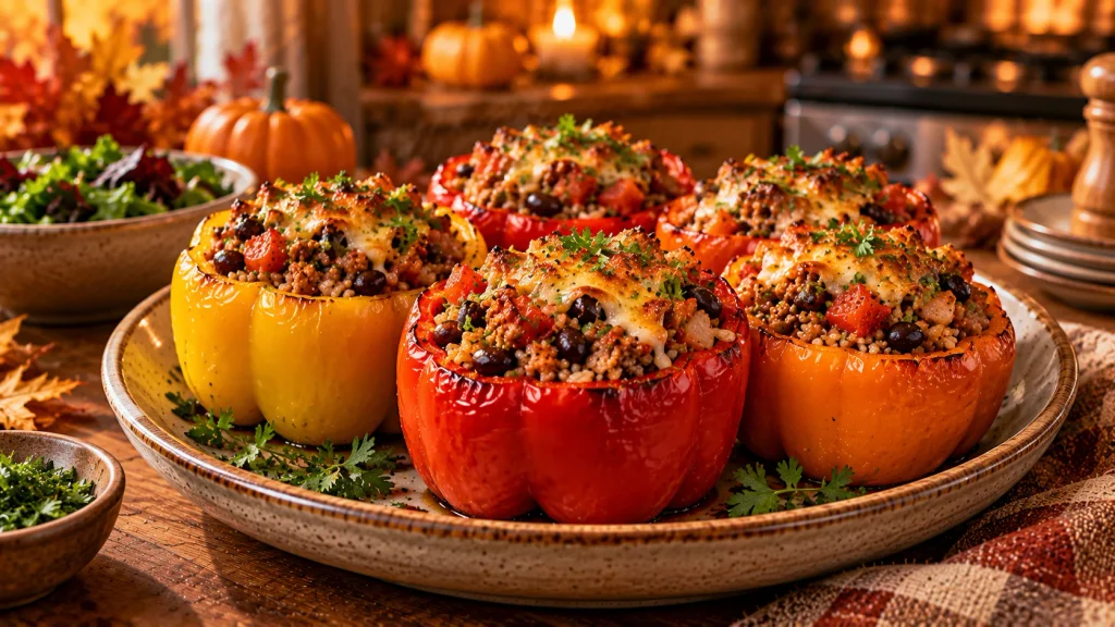 Healthy turkey and vegetable stuffed bell peppers with brown rice, tomatoes and black beans.