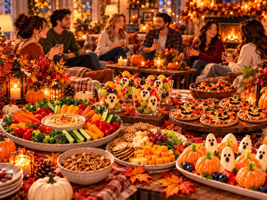 Colorful Halloween party table with homemade fruit and vegetable snacks, mini pizzas, seasonal pumpkins, and festive autumn decorations.