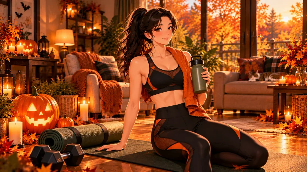 Anime-style woman celebrating completion of a Halloween home workout with a water bottle beside her yoga mat.