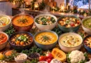 Ten healthy soup recipes for cold weather arranged in colorful bowls in a cozy winter kitchen.