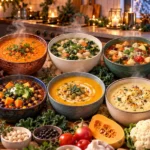 10 Healthy Soup Recipes for Cold Weather, With Nutrition Facts for Every Bowl Ten healthy soup recipes for cold weather arranged in colorful bowls in a cozy winter kitchen.