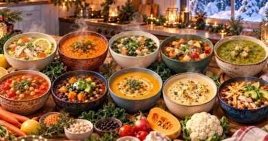 10 Healthy Soup Recipes for Cold Weather, With Nutrition Facts for Every Bowl Ten healthy soup recipes for cold weather arranged in colorful bowls in a cozy winter kitchen.
