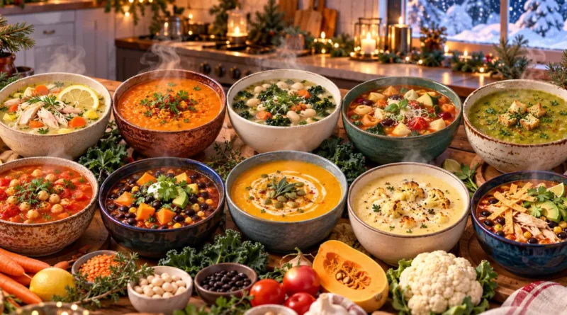 Ten healthy soup recipes for cold weather arranged in colorful bowls in a cozy winter kitchen.