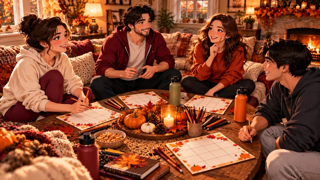 Anime-style adult friends enjoying a Halloween fitness bingo activity together in a cozy autumn living room.