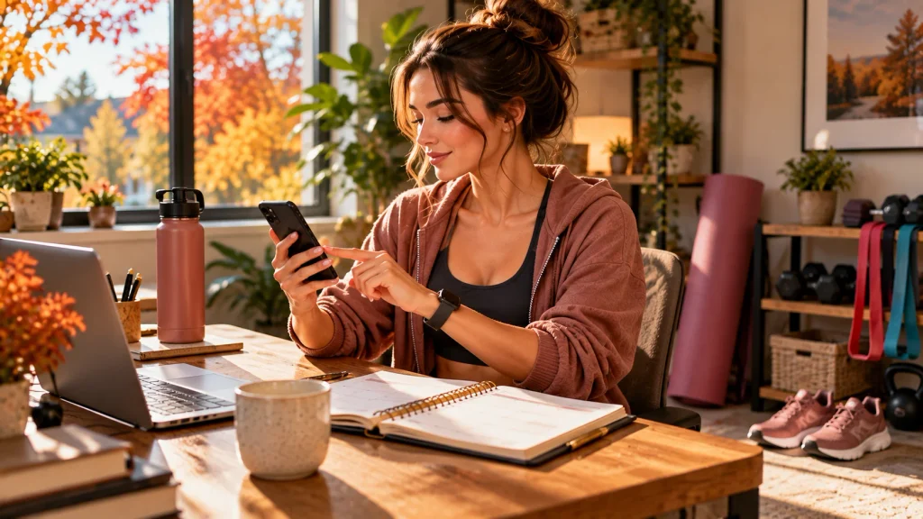 Busy adult scheduling a workout on a calendar at home