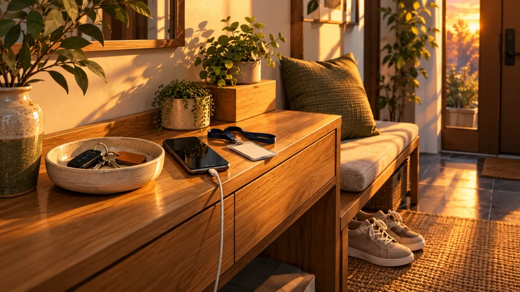Anime-style illustration of house keys in a ceramic bowl beside a phone charging station in a tidy American home entryway, illustrating everyday triggers for Kaizen habits.