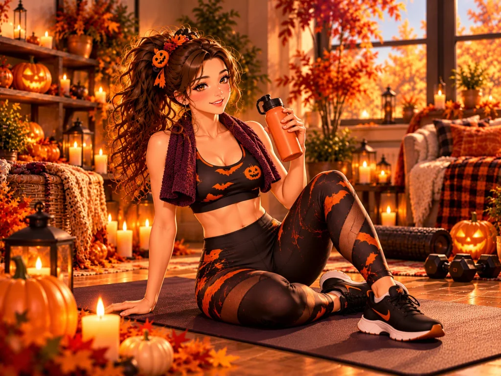 Anime-style woman relaxing after a light Halloween workout in a cozy autumn home gym with pumpkins and warm seasonal lighting.