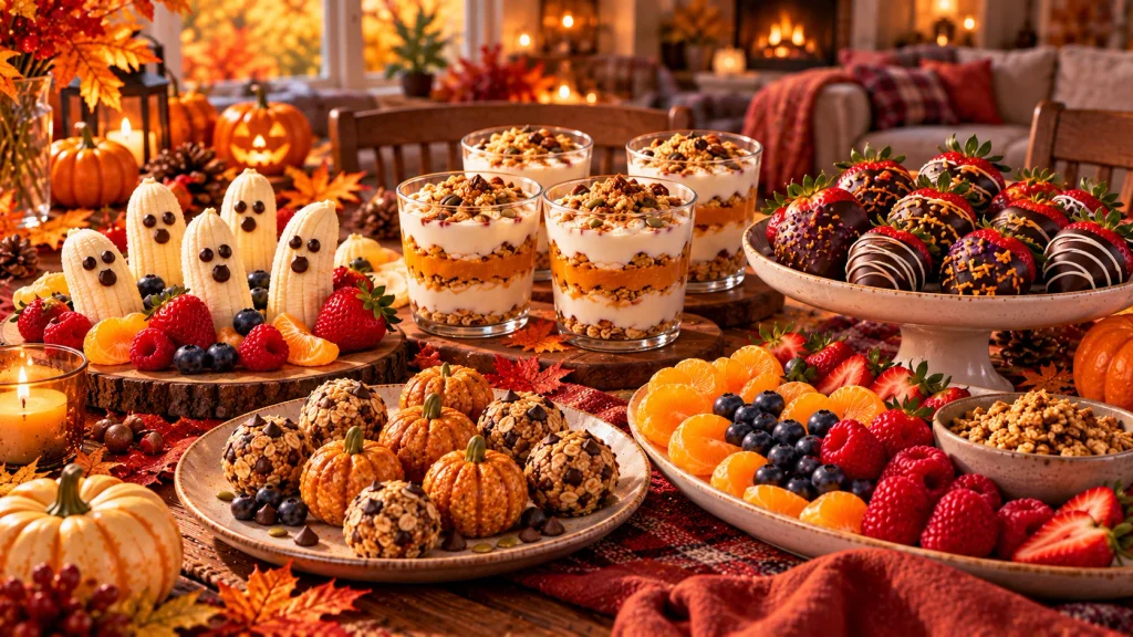 Cozy Halloween dessert table with homemade banana ghosts, chocolate strawberries, yogurt parfaits, and a seasonal fruit platter.
